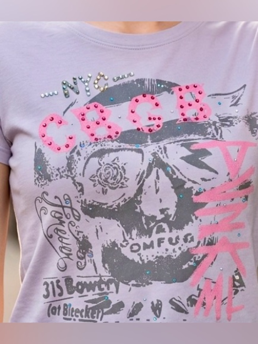 CBGB Upcycled cropped Tee shirt. Handmade Rhinestone Crystal design.